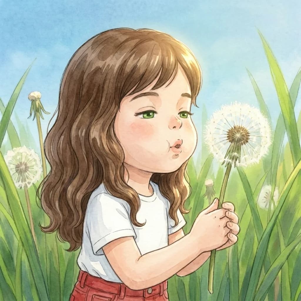 Überall auf der Wiese wuchsen Pusteblumen mit flauschigen, weißen Köpfen. Laura pflückte die allergrößte, hielt sie gan…
