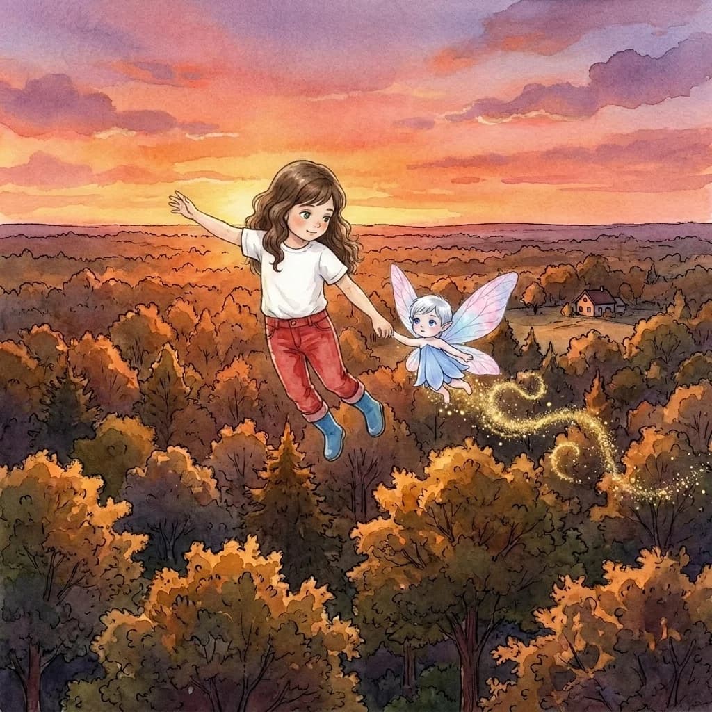„Ich kann wieder fliegen!“, lachte Fibi und sauste glücklich durch die Luft. Als die Sonne unterging, streute sie etwas…