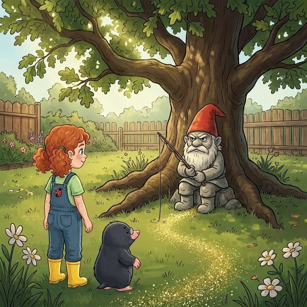 Dort, unter einer alten Eiche, saß ein mürrischer Gartenzwerg mit einem langen Bart und einer roten Zipfelmütze. Er hie…