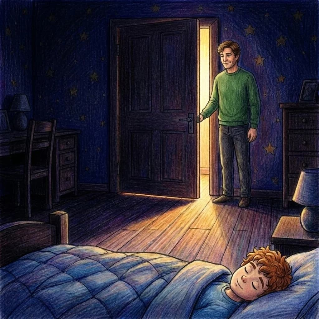 „Gute Nacht, mein Schatz“, sagte Papa und gab ihm einen Kuss. Er schaltete das große Licht aus. Nur ein schmaler, golde…